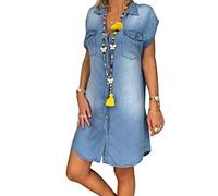 Onsoyours Jeanskleider Damen Sommerkleid Kleider V-Ausschnitt Strandkleider Einfarbig A-Linie Kleid Blusenkleid Hemdkleid Knielang Kleid Denimkleid A Hellblau XL