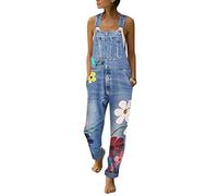 Onsoyours Jumpsuit Damen Sommer Latzhose Jeans Hose Vintage Loose Fit Jeanshosen Overall Blumen Denim Playsuit Romper Blau XL