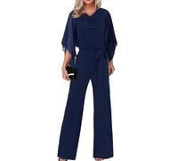 Onsoyours Jumpsuit Damen Sommer Playsuit 3/4-Arm Overall Lang Weites Bein Elegant Spitze Playsuit Romper Spielanzug Hochzeit Party Hosenanzug B Blau XL