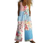 Onsoyours Jumpsuit Damen Sommer Weites Bein Ärmellos Overall Urlaub Vintage Floral Gedruckt Lässig Latzhose Mit Taschen Loose Sport Strampler Lang Playsuit Romper A03 Rosa XL