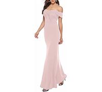 Onsoyours Kleid Damen Off Shoulder Lang Elegant Eng Hochzeit Partykleid Lang Abendkleider Abfallende Schulter Langer Rock Gekräuselten Schlitz Cocktailkleid Abschlussball Party A Rosa XS