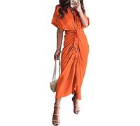 Onsoyours Kleider Damen Langarm Hemdkleid V-Ausschnitt Elegant Blusenkleid Shirt Kleid Oberteil Kleid Bodycon Minikleid Mit Gürtel Drucken Sommerkleid A Orange M