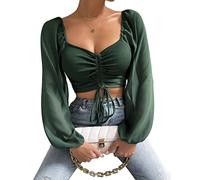 Onsoyours Langarmshirts Damen Einfarbig Bauchfrei T-Shirt Crop Top Kurz Tops Slim Oberteil Herzausschnitt T-Shirt mit Tunnelzug A Grün M