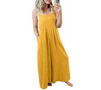 Onsoyours Latzhose Damen Leinen Weite Bein Schlag Jumpsuit mit Tasche Loose Fit Baggy Playsuits Sommer Strampler Ärmellos Riemchen Overalls Casual Adjustable Bib Pants Gelb XL