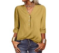 Onsoyours Leinenbluse Damen Musselin Bluse Damen Sommer Tunika V-Ausschnitt Große Größen Blusenshirt Damen Langarmshirt Leinen Baumwolle Hemd Oberteile für Damen A Gelb XL