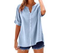 Onsoyours Leinenbluse Damen Sommer Kurzarm Leinenhemd Elegent Blusenshirt Blusentops A Hellblau XL