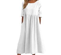 Onsoyours Leinenkleid Damen Rundhalsausschnitt Kurzarm Sommerkleid Damen Midi Leinenkleider Baumwolle Leinen Blusenkleid Casual Freizeitkleid Strandkleider Kleid A-Linie Kleid A Weiß XL