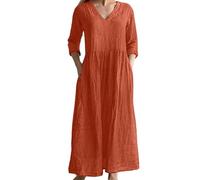 Onsoyours Leinenkleid Damen Rundhalsausschnitt Kurzarm Sommerkleid Damen Midi Leinenkleider Baumwolle Leinen Blusenkleid Casual Drucken Freizeitkleid Strandkleider Kleid A-Linie Kleid E Orange XXL