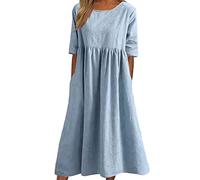 Onsoyours Leinenkleid Damen Rundhalsausschnitt Kurzarm Sommerkleid Damen Midi Leinenkleider Baumwolle Leinen Blusenkleid Casual Freizeitkleid Strandkleider Kleid A-Linie Kleid A Hellblau XS