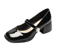 Onsoyours Mary Jane Halbschuhe für Damen Retro Plateau Mary Jane Lackleder Quadratische Zehe Gothic Schuhe Lolita Prinzessin Schuhe B Schwarz 42 EU