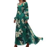 Onsoyours Maxikleid Damen V-Ausschnitt Lang Kleider Blumenkleid A-Linie Abendkleid Elegant Langarm Strandkleider Lose Casual Swing Partykleid A Grün M