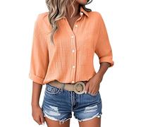 Onsoyours Musselin Bluse Damen Elegant Langarm Leinenbluse V-Ausschnitt Button-Down Blusen Einfarbig Casual Blusenshirt A Orange L