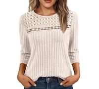 Onsoyours Pullover Damen Leichte Strickpullover Mit Spitze Langarm Rundhalsausschnitt Patchwork Shirt Herbst Lässig Bequem Elegant Rippstruktur Sweatshirt Tunika Tops B Aprikose M