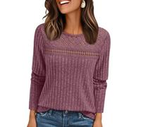 Onsoyours Pullover Damen Leichte Strickpullover Mit Spitze Langarm Rundhalsausschnitt Patchwork Shirt Herbst Lässig Bequem Elegant Rippstruktur Sweatshirt Tunika Tops A Violett L