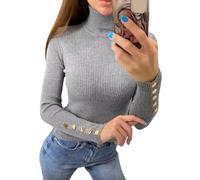 Onsoyours Pullover Damen Rollkragen Winter Dünn Strickpullover Stehkragen Strickpulli Sweatshirt Basic Rundhals Tunika Tops Elegant Slim Fit Langarmshirt Casual Knopf Oberteile A Grau S
