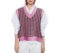Onsoyours Pullunder Damen Strick V Ausschnitt Kariert Weste Mädchen Strickweste Kurz Ärmellos Weste Herbst Strickpullover 2 Rosa XL