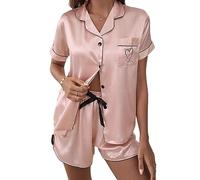 Onsoyours Satin Pyjama Damen Casual Kurz Schlafanzug mit Knopf Frauen Seide Nachtwäsche V-Ausschnitt Zweiteiliger Pjs Sets Hausanzug Sommer A Rosa XS