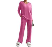 Onsoyours Schlafanzug Damen Lang Pyjama Set Baumwolle Lange Ärmel Gestricktes Loungewear Damen Sets mit V-Ausschnitt 2 Stück Sportanzug Trainingsanzug mit Taschen A Rosenrot XS