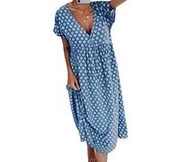 Onsoyours Sommer Kleid Damen Lang Strandkleid V Ausschnitt Strandkleider Kleider Tunika Floral Kurzarm Bohokleid A-Linie Sommer Blumenkleid A Blau L