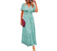 Onsoyours Sommerkleid Damen Elegant Blumenkleid Kurzarm Maxikleid V-Ausschnitt Strandkleid Druck Lange Kleider A-Linie Freizeitkleider Hohe Taille Cocktailkleider A Grün XL