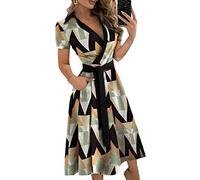 Onsoyours Sommerkleid Damen Kleider Rundhals Blumenmuster Kleid Elegant Kurz Hohe Taillen Minikleid Partykleid B Schwarz 3 XS