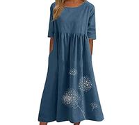 Onsoyours Sommerkleid Damen Leinenkleider Casual Rundhalsausschnitt Kurzarm Freizeitkleid Strandkleider Boho Langes Kleid mit Taschen Sommer B Blau XXL