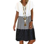 Onsoyours Sommerkleid Leinen Kleider Damen Elegant Casual V-Ausschnitt Strandkleider Einfarbig Blumen Patchwork A-Linie Kleid Boho Knielang Kleid Ohne Zubehör C Schwarz 46