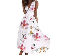 Onsoyours Sommerkleider Damen Sexy Lässig V-Ausschnitt Ärmellos Blumendruck A-Linie Kleid Maxikleid Partykleid Freizeitkleid Strandkleider Hohe Taille Sommer C12 Rosa M