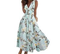 Onsoyours Sommerkleider Damen Sexy Lässig V-Ausschnitt Ärmellos Blumendruck A-Linie Kleid Maxikleid Partykleid Freizeitkleid Strandkleider Hohe Taille Sommer C4 Blau XL