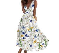 Onsoyours Sommerkleider Damen Sexy Lässig V-Ausschnitt Ärmellos Blumendruck A-Linie Kleid Maxikleid Partykleid Freizeitkleid Strandkleider Hohe Taille Sommer C8 Weiß L