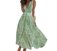 Onsoyours Sommerkleider Damen Sexy Lässig V-Ausschnitt Ärmellos Blumendruck A-Linie Kleid Maxikleid Partykleid Freizeitkleid Strandkleider Hohe Taille Sommer C2 Grün XS