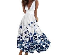 Onsoyours Sommerkleider Damen Sexy Lässig V-Ausschnitt Ärmellos Blumendruck A-Linie Kleid Maxikleid Partykleid Freizeitkleid Strandkleider Hohe Taille Sommer C5 Blau XS