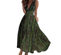 Onsoyours Sommerkleider Damen Sexy Lässig V-Ausschnitt Ärmellos Blumendruck A-Linie Kleid Maxikleid Partykleid Freizeitkleid Strandkleider Hohe Taille Sommer C3 Grün XXL