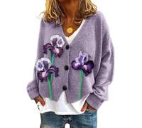 Onsoyours Strickjacke Damen Herbst Winter Chic V-Ausschnitt Strickmantel Druck Langarm Gestrickte Cardigan Übergangsjacke Elegant Lose Knopf Strickpullover Lässige Mantel A07 Helles Lila XL