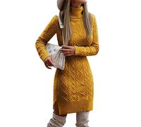 Onsoyours Strickkleid Damen Elegant Einfarbig Langarm Rollkragenpullover Pullikleid Strickpullover Minikleid Strickkleider Freizeitkleid Strickpullover A Gelb S