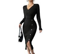 Onsoyours Strickkleid Damen Herbst Winter Elegante Freizeitkleider Figurbetontes Langes Kleider Langarm Knopf Bodycon Partykleid Warme Wickelkleid Mit Schlitz C Schwarz XL