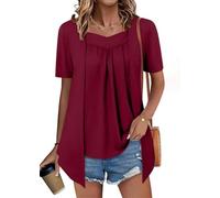 Onsoyours T-Shirt Damen Mode Drucken Tunika Tops Elegante Kurzarm Party Oberteile 2 In 1 Pullover Blusen Casual Gefälschte Zwei Stücke Shirts Party Sommershirt B Weinrot M