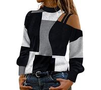 Onsoyours T-Shirt Damen Schulterfrei Oberteile Sexy Glitzer Langarmshirt Sweatshirt Casual Mode Bluse Tops Tunika Elegant Pullover Jumper Herbst Winter Spitze Streetwear F6 Grau L