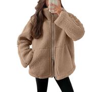 Onsoyours Teddyjacke Damen Teddyfleece Jacke Warme Winterjacke Einfarbig Fleecejacke mit Taschen Reißverschluss Plüschjacke Wintermantel A Braun XL