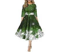 Onsoyours Weihnachtskleid Damen Elegant Langarm Rundhals Vintage Swing Kleid Abendkleid Weihnachtsdruck Schneeflocke Partykleid Christmas Dresses Festlich Festival A Grün 3XL