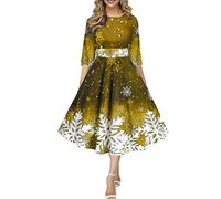 Onsoyours Weihnachtskleid Damen Elegant Langarm Rundhals Vintage Swing Kleid Abendkleid Weihnachtsdruck Schneeflocke Partykleid Christmas Dresses Festlich Festival A Gold L