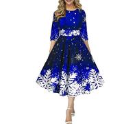 Onsoyours Weihnachtskleid Damen Elegant Langarm Rundhals Vintage Swing Kleid Abendkleid Weihnachtsdruck Schneeflocke Partykleid Christmas Dresses Festlich Festival A Blau 3XL