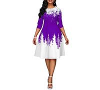 Onsoyours Weihnachtskleid Damen Elegant Langarm Rundhals Vintage Swing Kleid Abendkleid Weihnachtsdruck Schneeflocke Partykleid Christmas Dresses Festlich Festival B Violett 3XL