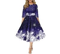 Onsoyours Weihnachtskleid Damen Elegant Langarm Rundhals Vintage Swing Kleid Abendkleid Weihnachtsdruck Schneeflocke Partykleid Christmas Dresses Festlich Festival A Dunkelblau M