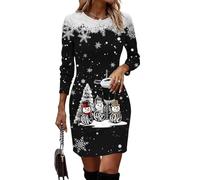 Onsoyours Weihnachtskleid Damen Weihnachtsdruck Pulloverkleid Langarm Rundhals Weihnachten Minikleid Schneeflocken Muster Partykleid Elegant Wickelkleid Slim Fit Weihnachtsfeier Outfit A02 Schwarz XL