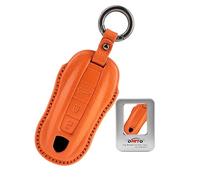 ontto Schlüsselhülle kompatibel mit Porsche Panamera Spyder Carrera Macan Boxster Cayman Cayenne 911 970 981 991 2019-2024 Autoschlüssel Hülle Leder Schutz mit Schlüsselanhänger 3 Tasten Orange B