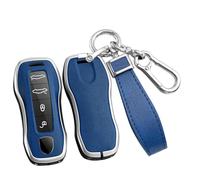 ontto Schlüsselhülle Passt für Porsche Cayenne Macan Panamera Taycan 718 911 971 2020-2024 Schutzhülle Metall PU Leder Schlüsselanhänger Autoschlüssel Hülle Schlüsselcover 3/4 Tasten-Silber Blau