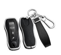 ontto Schlüsselhülle Passt für Porsche Cayenne Macan Panamera Taycan 718 911 971 2020-2024 Schutzhülle Metall PU Leder Schlüsselanhänger Autoschlüssel Hülle Schlüsselcover 3/4 Tasten-Silber Schwarz