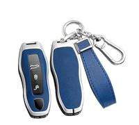 ontto Schlüsselhülle Passt für Porsche Macan Panamera 918 911 981 991 Boxster Cayenne Cayman Schutzhülle Metall PU Leder Schlüsselanhänger Autoschlüssel Hülle Schlüsselcover 3/4 Tasten-Silber Blau