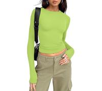 OOHOKAY Damen Langarmshirt Basic Oberteile Y2K Slim Fit Tshirt Langärm Crop Tops(Apfel grün-L1,XS)